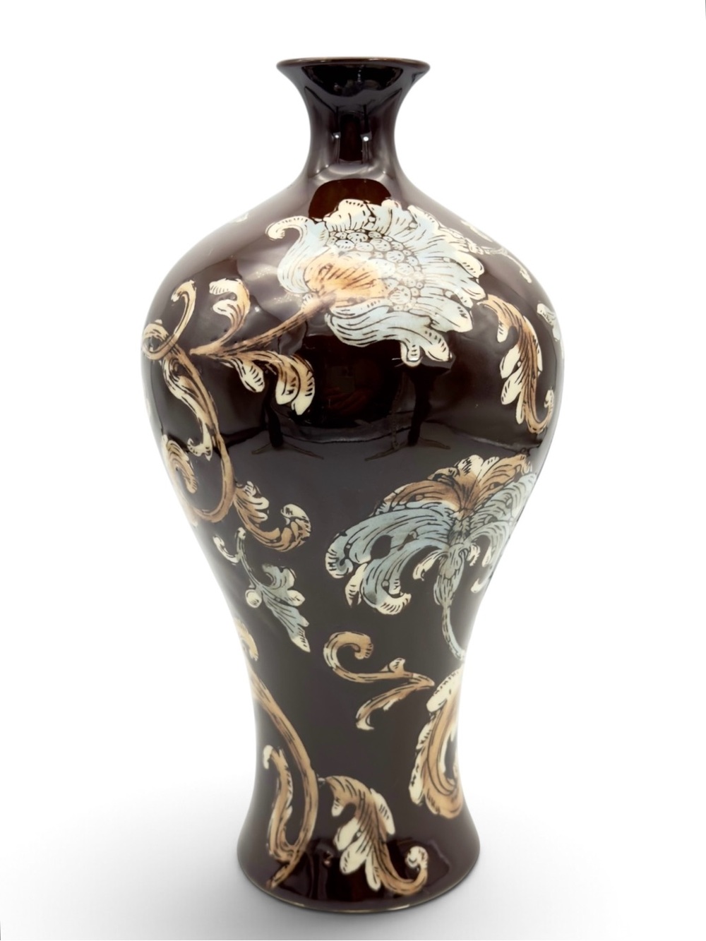 Vintage Bombay Company Meiping Vase Dark Brown Blue Floral Scroll 2011 OG Tag